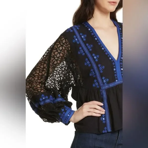 FREE PEOPLE Boogie All Night Peasant Blouse In Black S NWOT - Picture 2 of 13